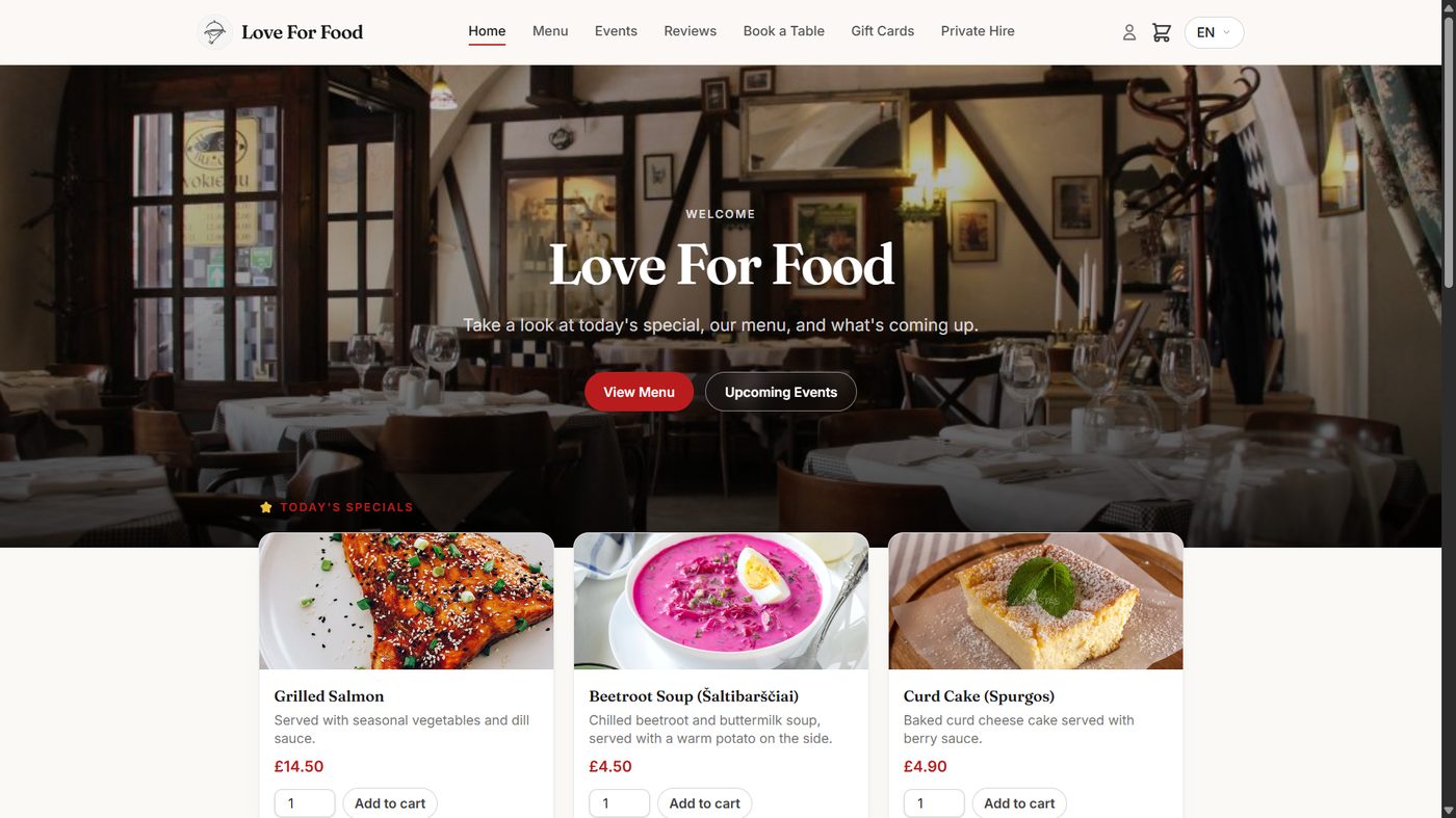 Premium tier restaurant website homepage, showing Gift Cards and Private Hire added to the navigation menu