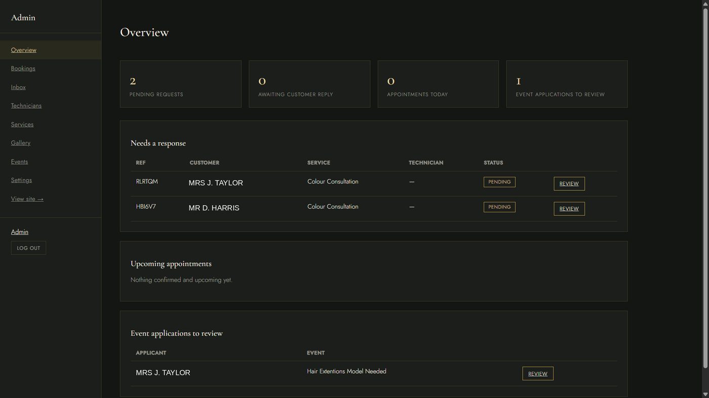 Salon admin dashboard overview showing pending booking requests and event applications to review
