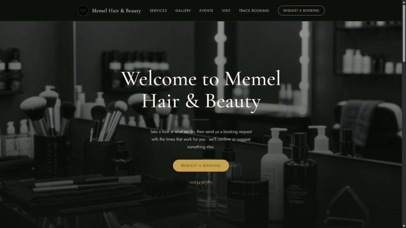 Memel Hair and Beauty salon website homepage, dark theme with a Request a Booking button