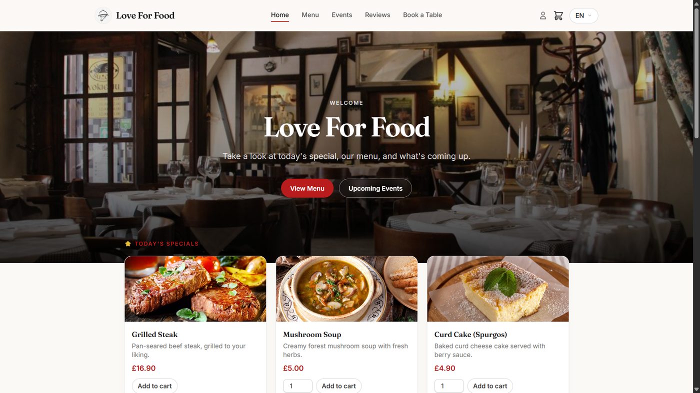 Standard tier restaurant website homepage, showing a shopping cart, account icon, and Add to cart buttons on menu items