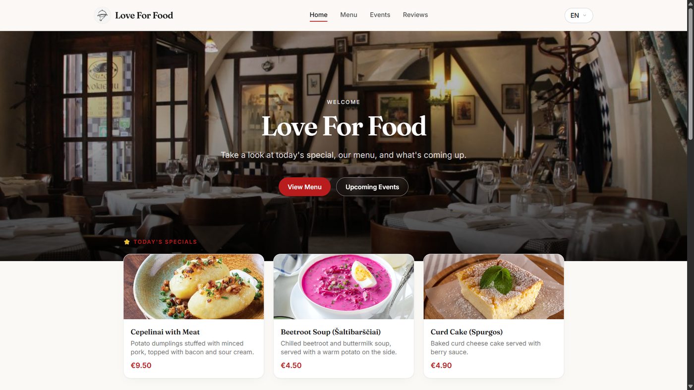 Starter tier restaurant website homepage, showing hero image, today's specials, and a simple navigation menu